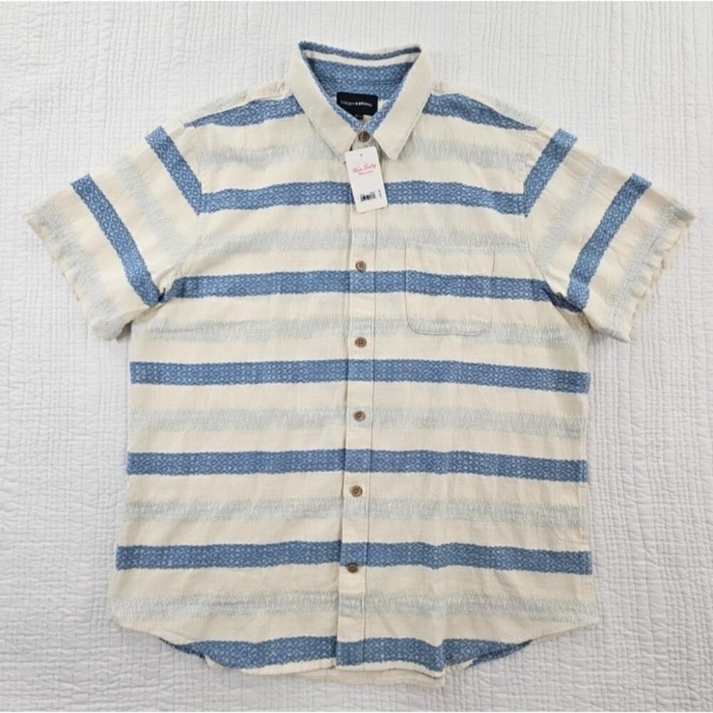 NEW‎ Lucky Brand 100% Cotton Shirt Men's L White Blue Stripes Textured NWT Luxe
